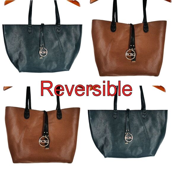 BCBG Handbags - BCBG Reversible Tote Bag Textured Faux Leather Black Brown Gold Logo Charm